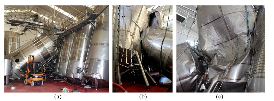 Post-collapse damage at column-tank and column-brace connections